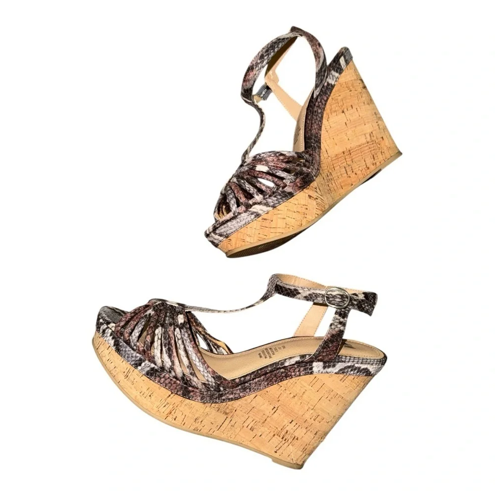 H & M Snakeskin Print Cork Wedge Sandals Brown Tan Size 8.5 Boho Summer